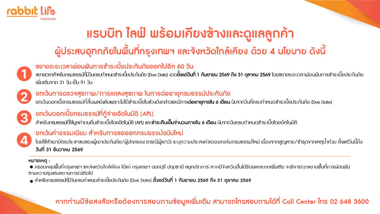 แรบบิท ไลฟ์ ขอเป็นกำลังใจ พร้อมดูแลลูกค้าผู้ประสบอุทกภัยในพื้นที่กรุงเทพและจังหวัดใกล้เคียงทุกท่าน แรบบิท ไลฟ์ ขอเป็นกำลังใจ พร้อมดูแลลูกค้าผู้ประสบอุทกภัยในพื้นที่กรุงเทพและจังหวัดใกล้เคียงทุกท่าน